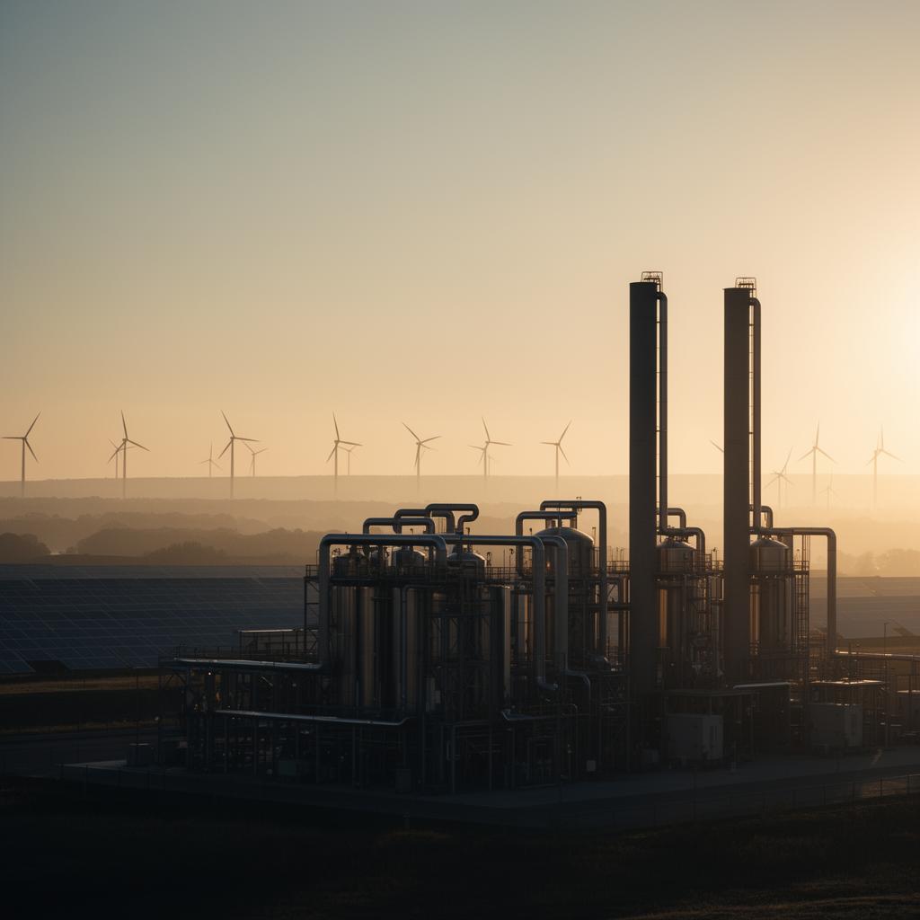Clean industrial energy facility with wind turbines and solar panels at golden hour — net-zero aligned infrastructure